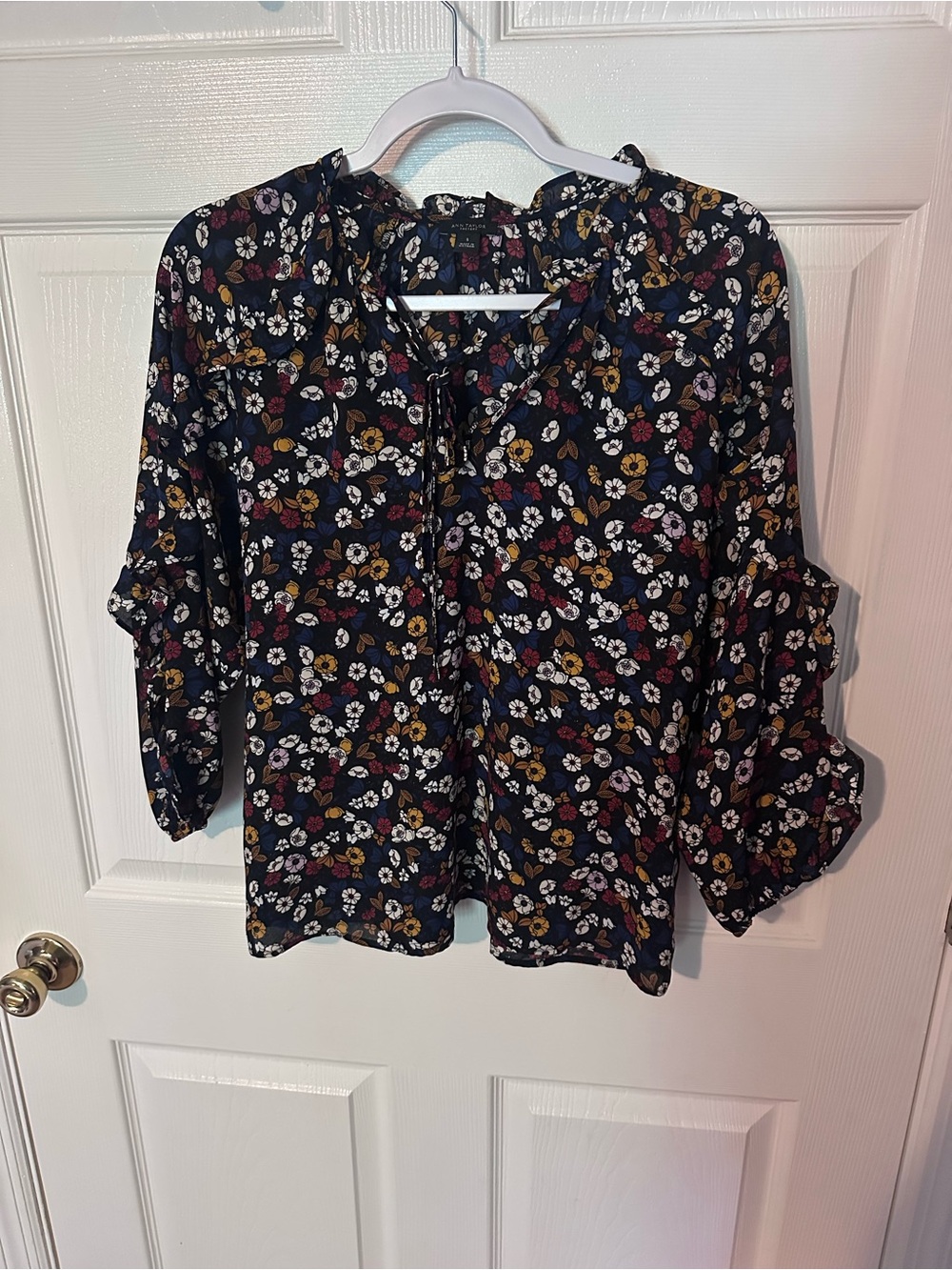 Ann Taylor Black Floral Tie-Neck Blouse